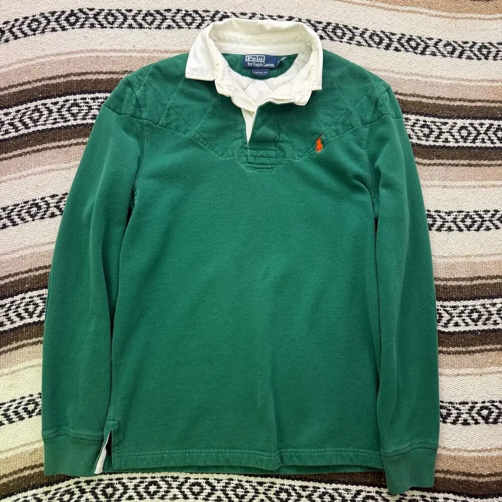 Men's Vintage 90's Polo Ralph Lauren Green Orange Pullover Rugby Shirt Sz Medium
